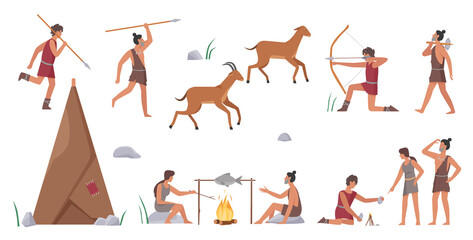 Primal tribe people hunt vector illustration set. Cartoon primitive tribesman characters group hunting animals with bows, arrows and spears, produce fire for cooking food near home isolated on white