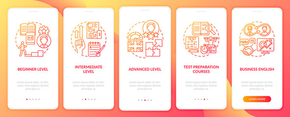 Language studying levels onboarding mobile app page screen with concepts. Intermediate, high level walkthrough 5 steps graphic instructions. UI vector template with RGB color illustrations