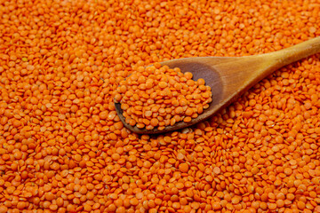 Red lentils on a white background. Lentil variety. Nutritious protein food. Wooden spoon with lentils