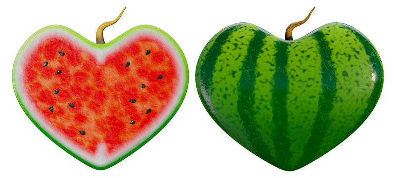 3d rendering of juicy fresh ripe heart-shaped watermelon with a half slice isolated on white background.