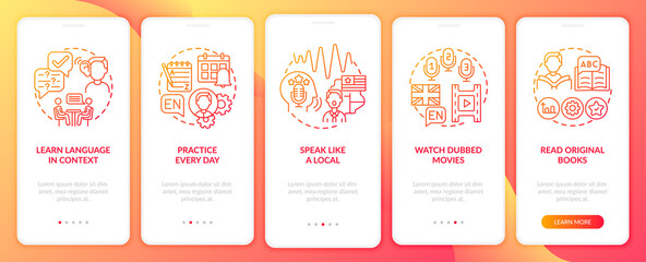 Studying language tips onboarding mobile app page screen with concepts. Everyday practicing, dubbed movies walkthrough 5 steps graphic instructions. UI vector template with RGB color illustrations