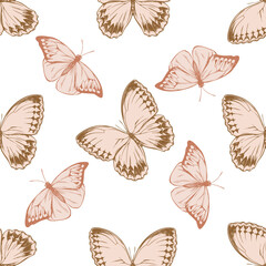 Seamless pattern with hand drawn pastel great orange-tip, jungle queens