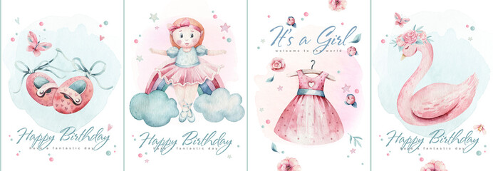 Baby shower kid swan watercolor girl design butterfly cartoon elements. Set of baby pink dress and baby's bootees birthday illustration. Newborn rainbow party invitation © kris_art