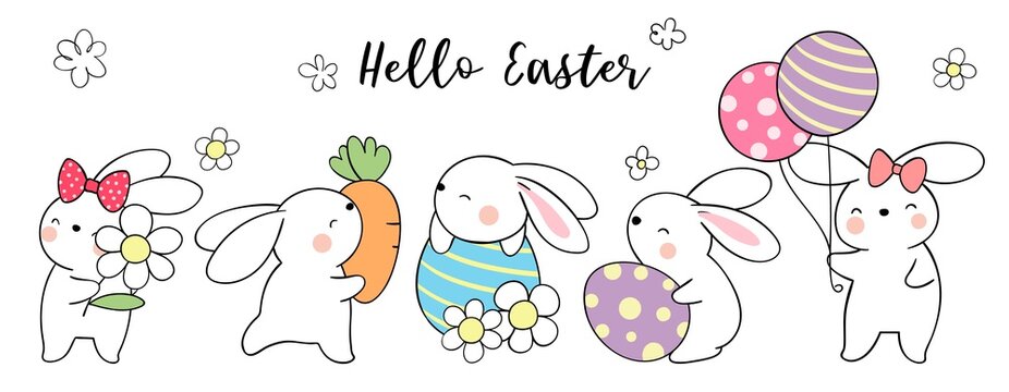 Draw banner bunny with eggs for Easter and spring