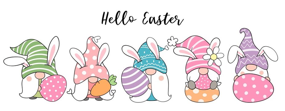Draw banner gnomes with eggs for Easter and spring
