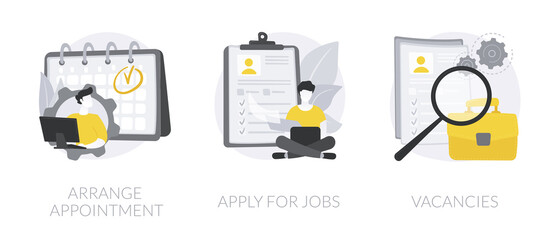 HR service abstract concept vector illustration set. Arrange appointment, apply for jobs, vacancies list, start career, company webpage, apply online, find job opportunity abstract metaphor.