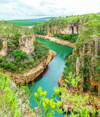 Fototapeta na wymiar Panoramic view of the Canyons de Furnas at Capitólio MG Brazil. Beautiful landscape of eco tourism of Minas Gerais state.
