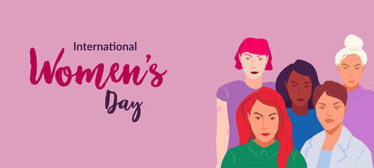 8 march, International Women's Day. Portraits of different equal of women. Editable vector illustration
