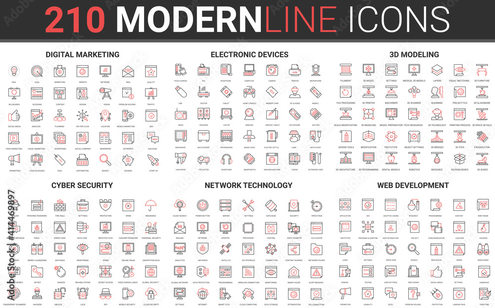 Poster 210 modern red black thin line icons set of cyber security, network technology, web development, dig