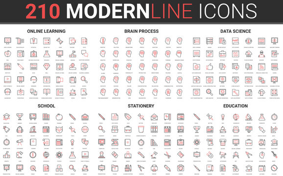 210 modern red black thin line icons set of school, stationery, education, online learning, brain process, data science collection vector illustration.