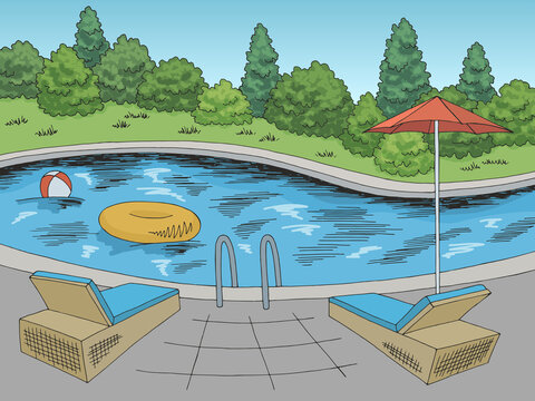 Swimming pool graphic color landscape sketch illustration vector 
