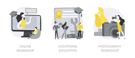 Professional learning abstract concept vector illustration set. Online workshop, vocational education, photography post processing and portfolio creation, student group, college abstract metaphor.
