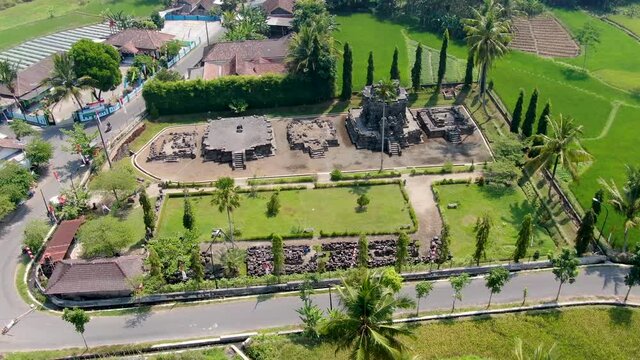 Ancient Buddhist Ngawen  temple compound on Java, Indonesia, aerial view