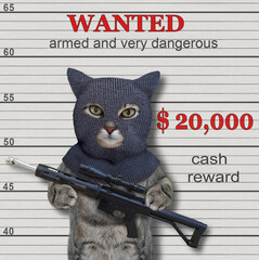 A gray cat criminal in a balaclava holds an assault rifle. Armed and very dangerous. He is wanted.