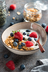 Healthy breakfast, cereal with berries and yogurt