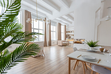 interior design spacious bright studio apartment in Scandinavian style and warm pastel white and beige colors. trendy furniture in the living area and modern details in the kitchen area.
