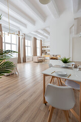 interior design spacious bright studio apartment in Scandinavian style and warm pastel white and beige colors. trendy furniture in the living area and modern details in the kitchen area.