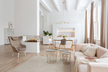 interior design spacious bright studio apartment in Scandinavian style and warm pastel white and...