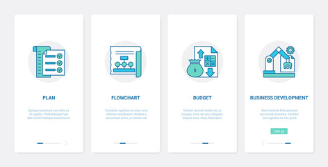 Business plan, development technology vector illustration. UX, UI onboarding mobile app page screen set with line planning and analysis of financial budget, developing digital account finance system
