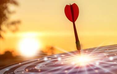 Success goals Targeting the business concept. Businessman throwing red arrow dart to virtual target...