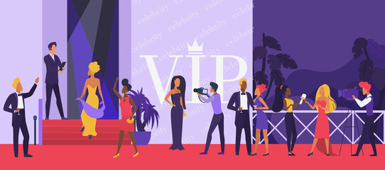 Celebrity party vector illustration. Cartoon actor man woman, Hollywood stars characters walking, vip persons giving interview, famous celebrity people posing to photographers on red carpet background