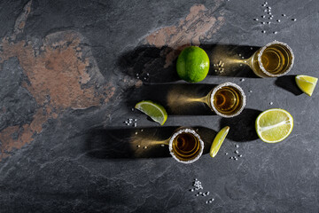 Mexican tequila with lime and salt on rustic black background. space for text. luxury drink....