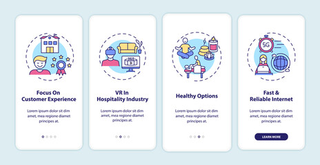 Obraz premium Business travel trends onboarding mobile app page screen with concepts. Focus on customer experience walkthrough 4 steps graphic instructions. UI vector template with RGB color illustrations
