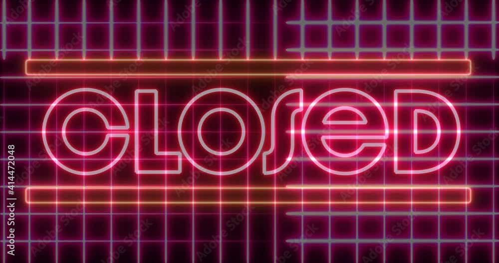 Poster animation of the word closed in pink neon letters with moving grids on black background