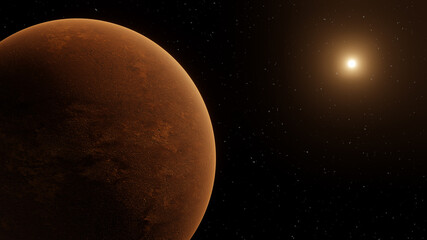 Space scene with a red planet and big star. 3D Rendering
