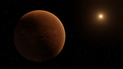 Space scene with a red planet and big star. 3D Rendering