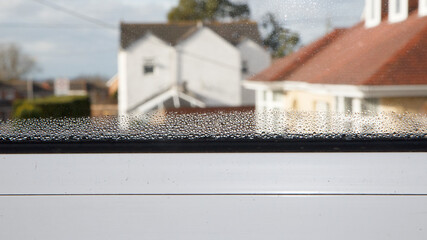 Thirty year old pvc double glazed window frame with condensation requiring replacing - double glazed windows produced today will have a lifetime of 25-30 years.