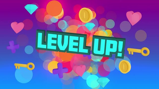 Animation of the words level up in blue letters with icons and colourful circles in the background