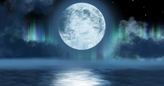 Animation of full moon hanging over water with aurora lights in night sky in background