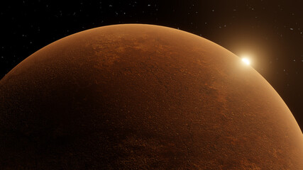 Naklejka premium Space scene with a red planet and sunset sunrise. 3D Rendering