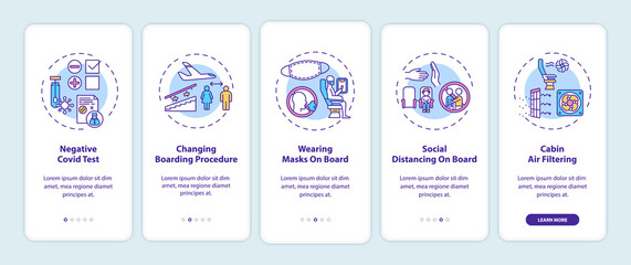 Lockdown travel rules onboarding mobile app page screen with concepts. Negative Covid test walkthrough 5 steps graphic instructions. UI vector template with RGB color illustrations