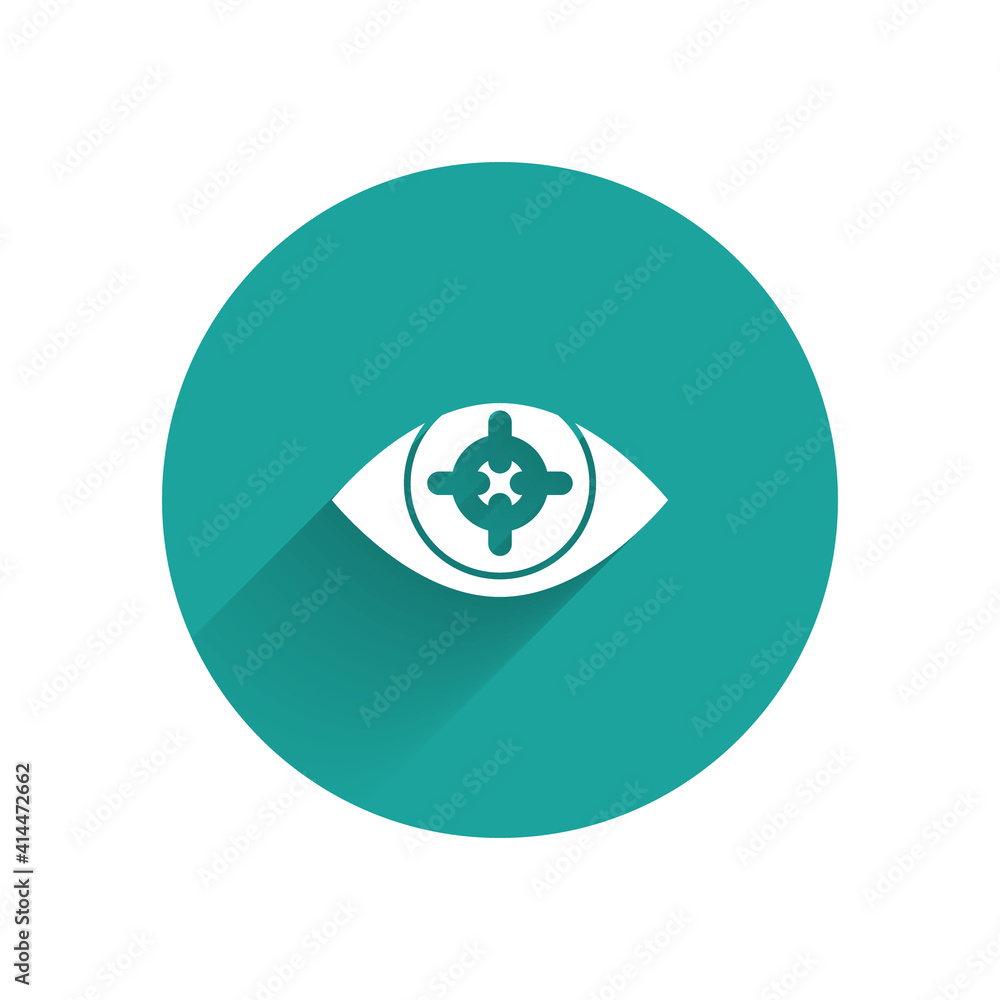 Poster white eye scan icon isolated with long shadow. scanning eye. security check symbol. cyber eye sign. 