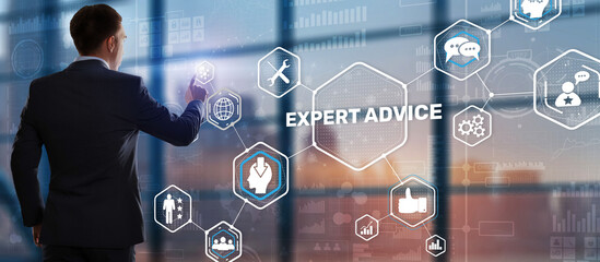 Businessman touching finger on the virtual screen and selecting Expert advice