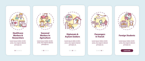 Travel ban exemption categories onboarding mobile app page screen with concepts. Seasonal workers walkthrough 5 steps graphic instructions. UI vector template with RGB color illustrations