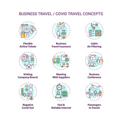 Business travel during coronavirus pandemic concept icons set. New normal idea thin line RGB color illustrations. Additional safety measures. Vector isolated outline drawings. Editable stroke