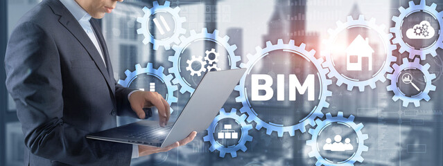 BIM Building Information modeling engineering software system. Mixed media.