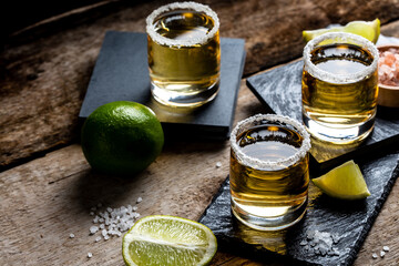 Mexican Gold Tequila with lime and salt on stone background. concept luxury drink. Alcoholic drink.