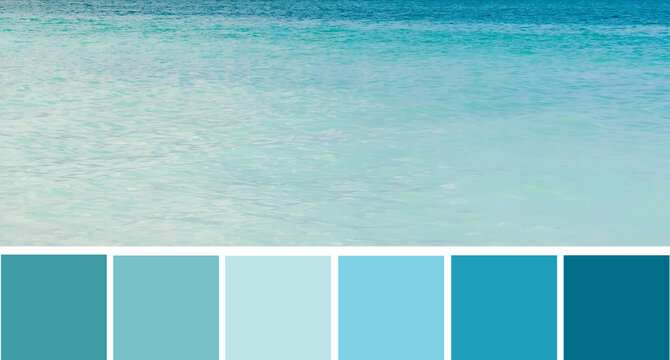 Color palette swatches of abstract blue green gamma of sea water. Pastel trendy combination of aqua turquoise teal muted gamma. Colorful inspiration from natural marine summer beauty.