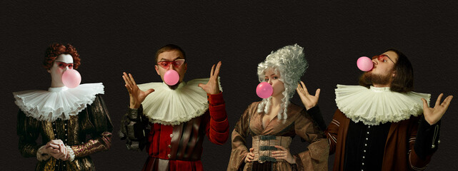 Blowing pink bubble gums. Medieval people as a royalty persons in vintage clothing on dark background. Concept of comparison of eras, modernity and renaissance, baroque style. Creative collage. Flyer - obrazy, fototapety, plakaty