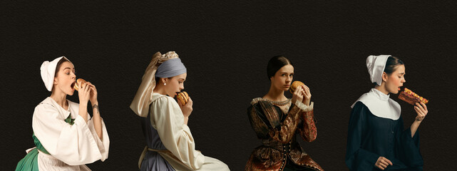 Fast food. Medieval women as a royalty persons from famous artworks in vintage clothing on dark...