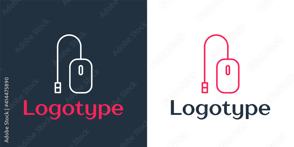 Poster logotype line computer mouse icon isolated on white background. optical with wheel symbol. logo desi