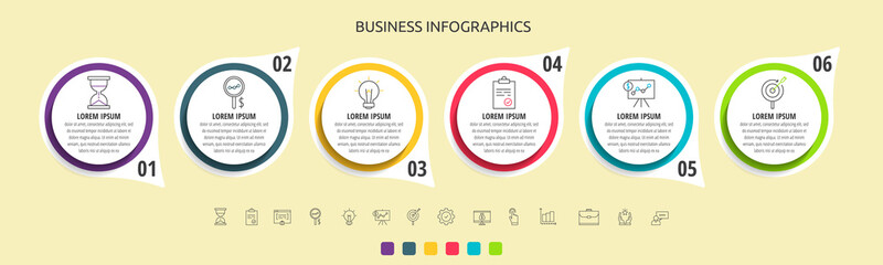 Vector circles infographic with 6 steps, labels. Timeline used for diagram, chart, web, banner, workflow layout, presentations, flowchart, info graph, content, levels, chart, processes diagram