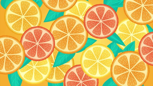 Animation of orange slices.  citrus, grapefruit, lemon looped animated pattern for background, banner, presentation, packaging, cafe. Fresh fruits, 
summer design in bright yellow and orange colors. 