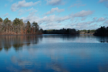 Winter scenery of Leach pond in Borderland State Park MA USA