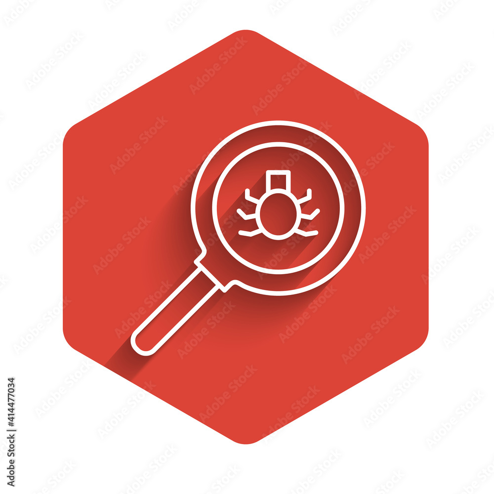 Aufkleber white line flea search icon isolated with long shadow. red hexagon button. vector.