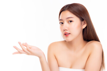 Happy beautiful asian woman has beauty facial skin Beauty female holding copy space imaginary on beauty palm for insert advertisement Pretty girl has nice body, facial skin Skin care beauty concept